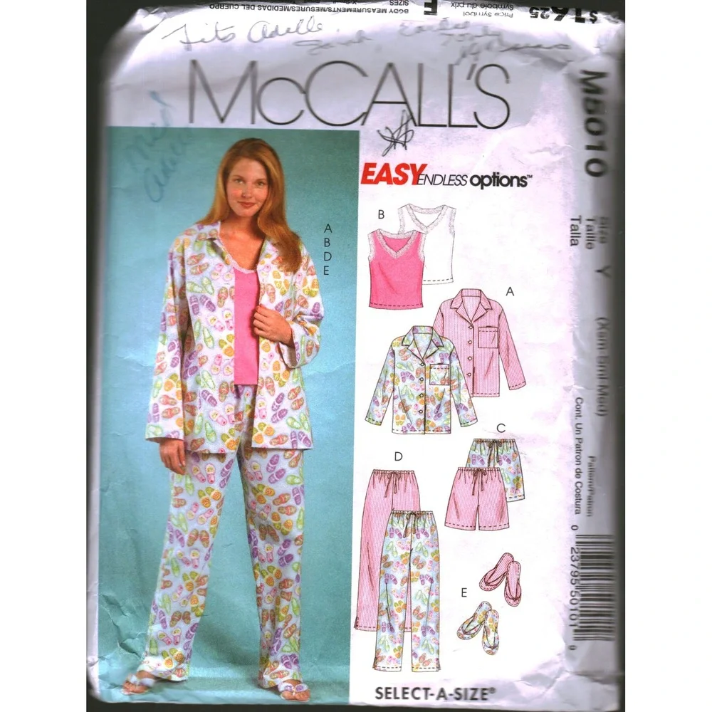 McCalls M5010 Sewing Pattern Pajamas Shirt Pants Shorts Top Slippers Size‎ XS-M